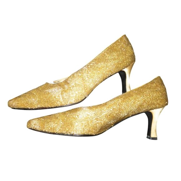 Valerie Stevens Veronica Gold Beaded Leather Kitten Heel Closed Toe Pumps - Picture 6 of 9
